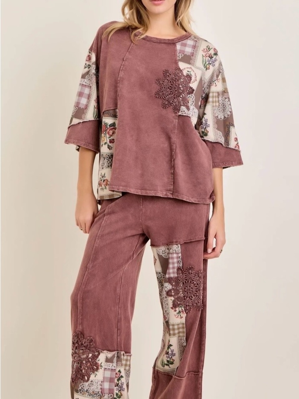 J. Her Relaxed Patchwork Lounge Set - Dusty Rose